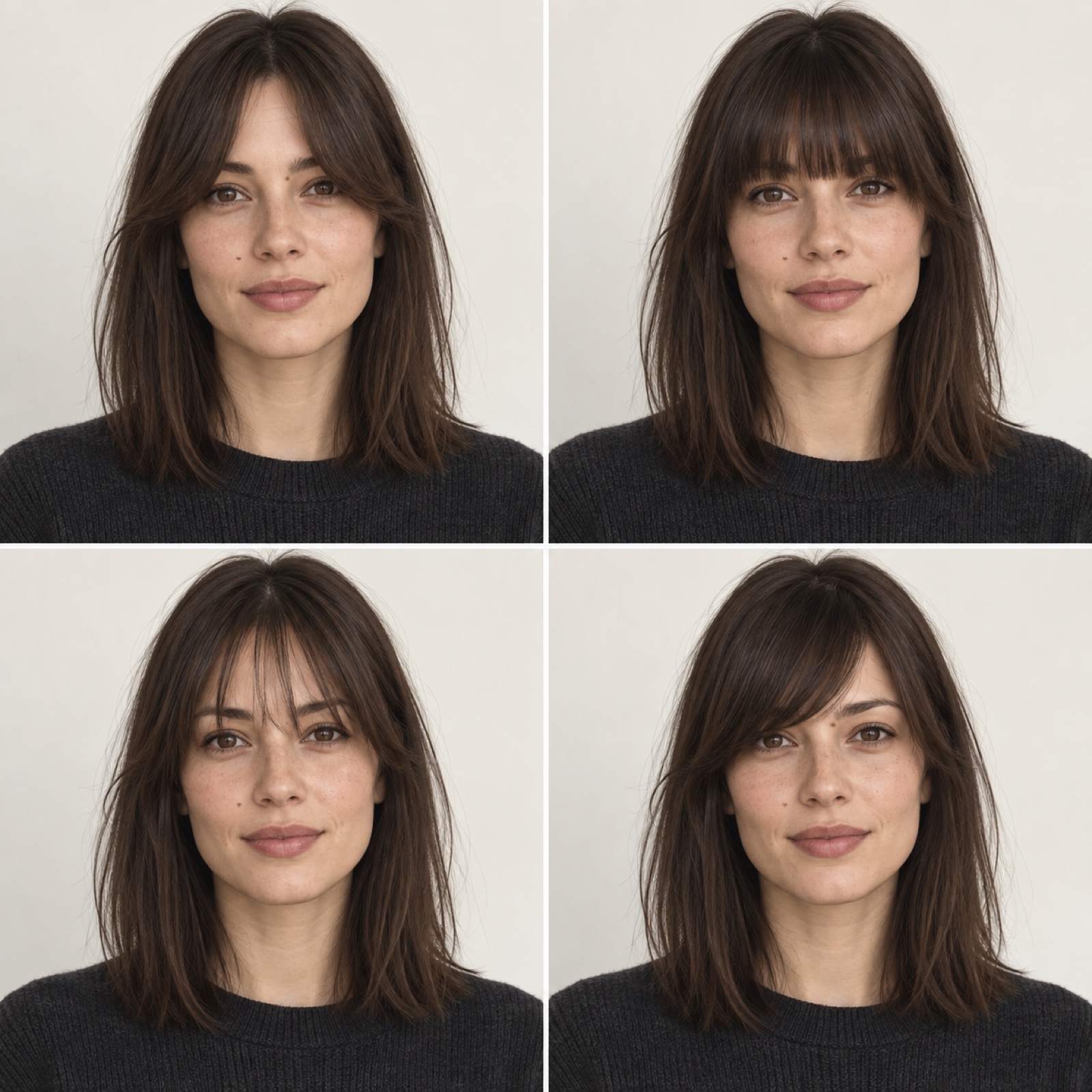 Four views of the same illustrated person showing center-parted curtain bangs, blunt brow-level bangs, sparse wispy bangs, and diagonal side-swept bangs.