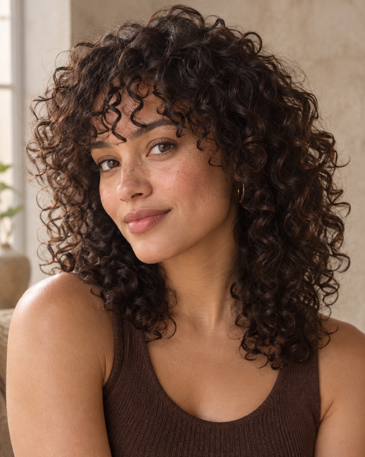 Three-quarter portrait of an illustrated person with a dry curly fringe whose curls end at different points across the forehead.