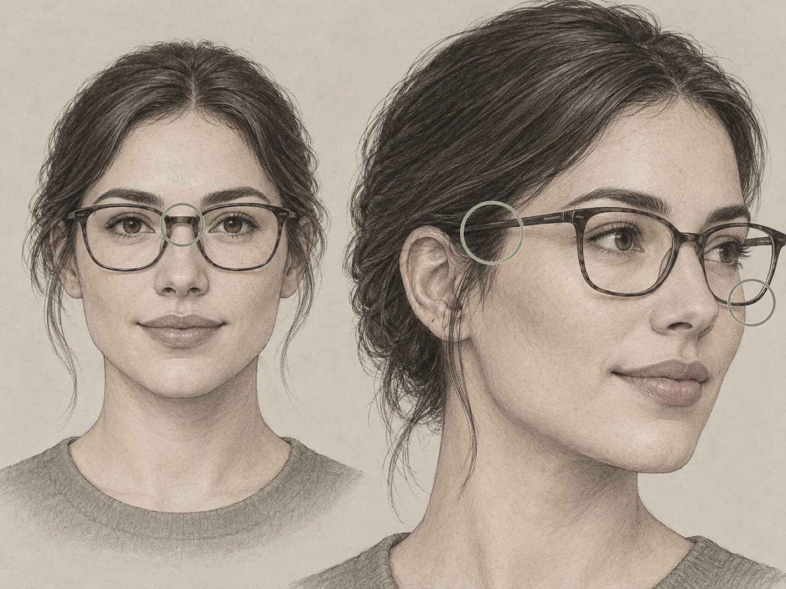 Front and three-quarter illustrations of a person in glasses, with circles marking the bridge, temple arm, and cheek area.