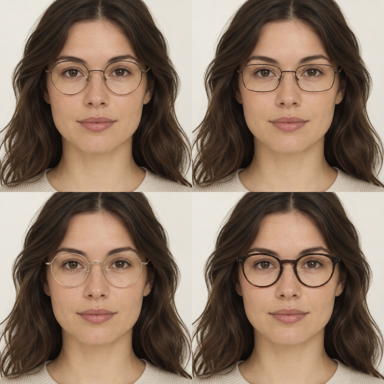Four views of the same illustrated face: thin round and rectangular frames above, and light wire and bold rounded rims below.