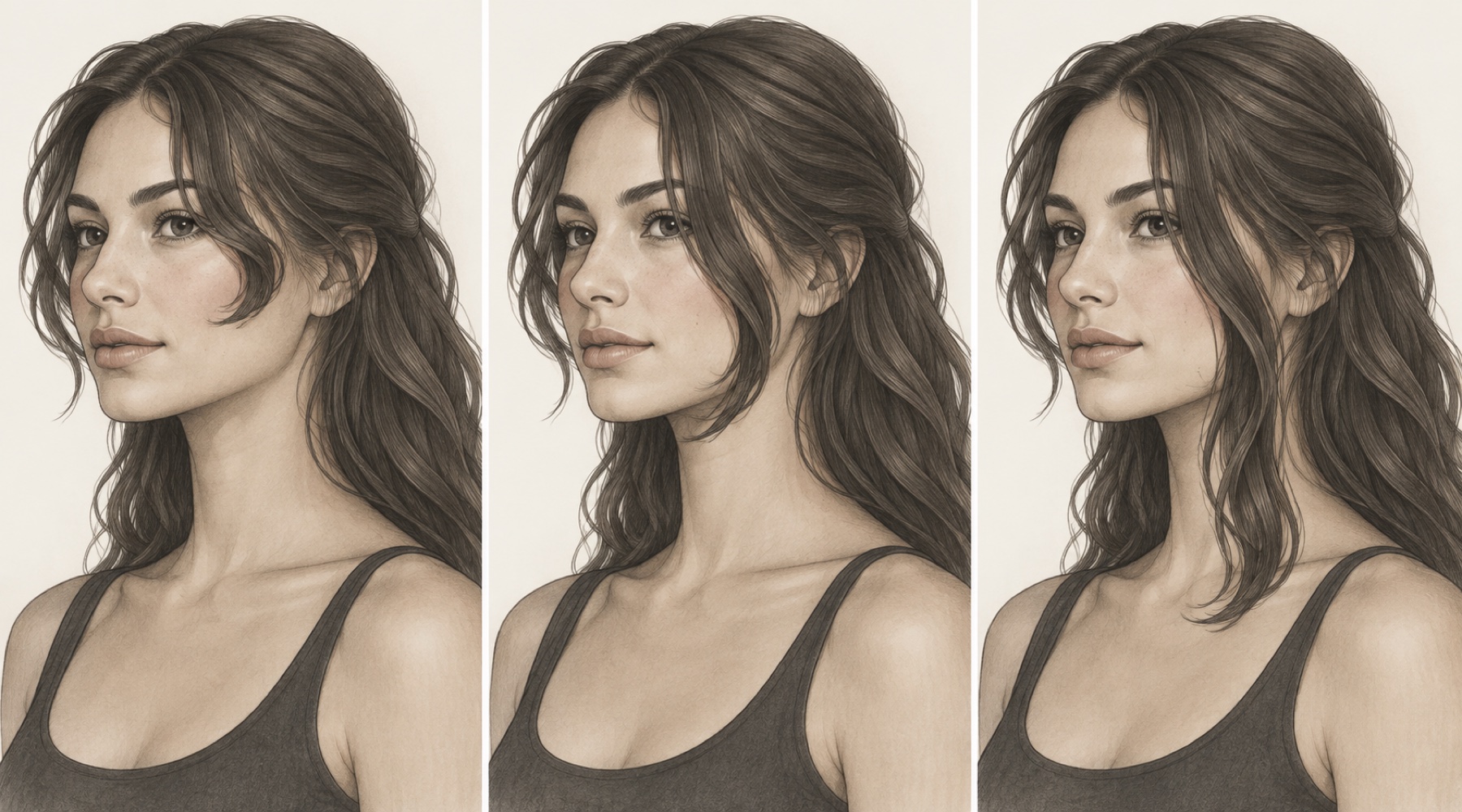 Three illustrated views of the same long hairstyle, with the shortest front piece ending near the cheek, below the jaw, and near the collarbone.