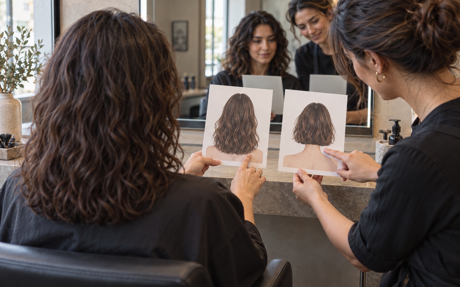 A seated client and stylist point to two haircut reference cards showing a longer cut and a shorter bob at a salon mirror.