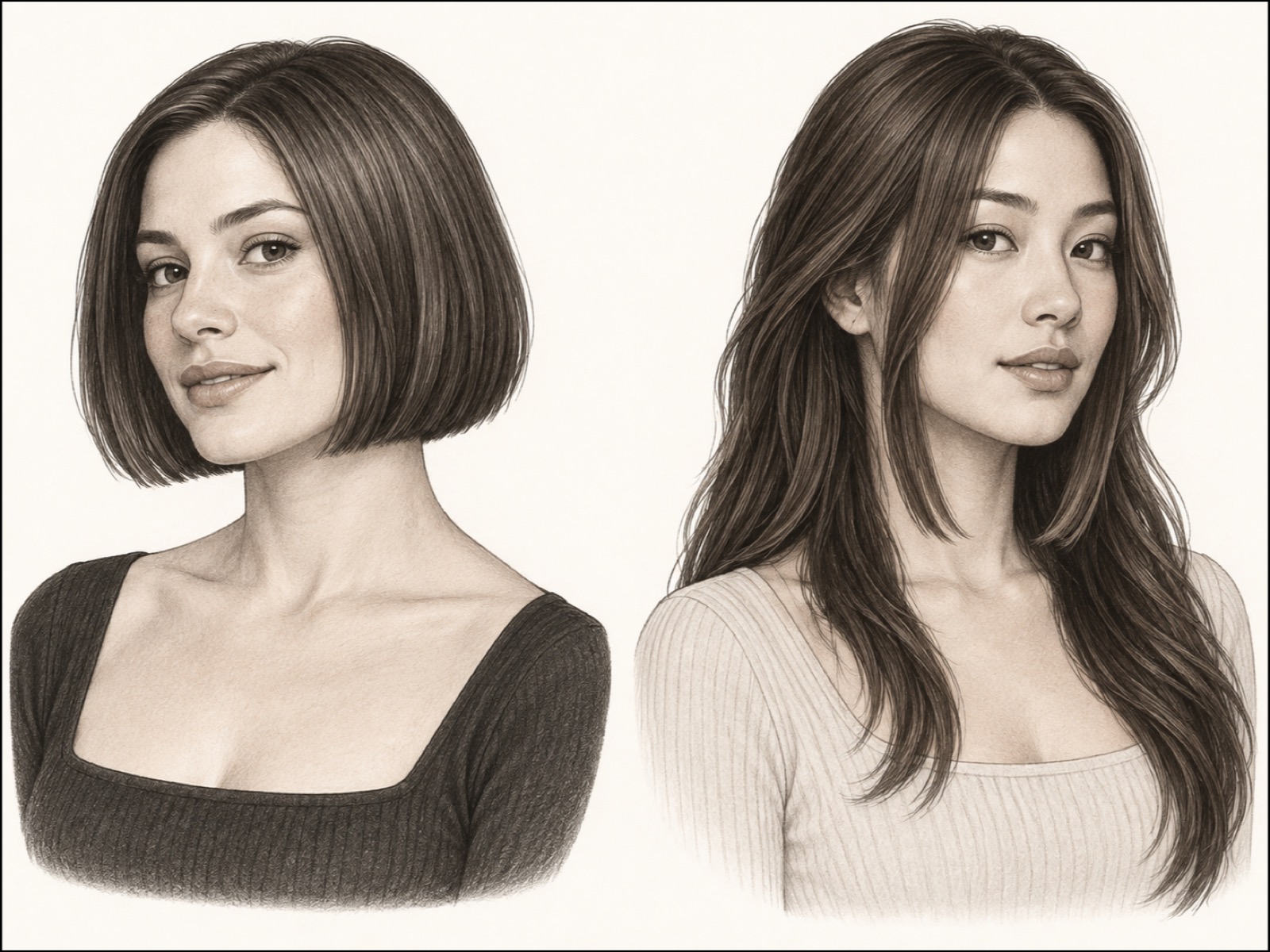 Two illustrated three-quarter-view salon references: a chin-length bob on the left and longer hair with front pieces near the collarbones on the right.