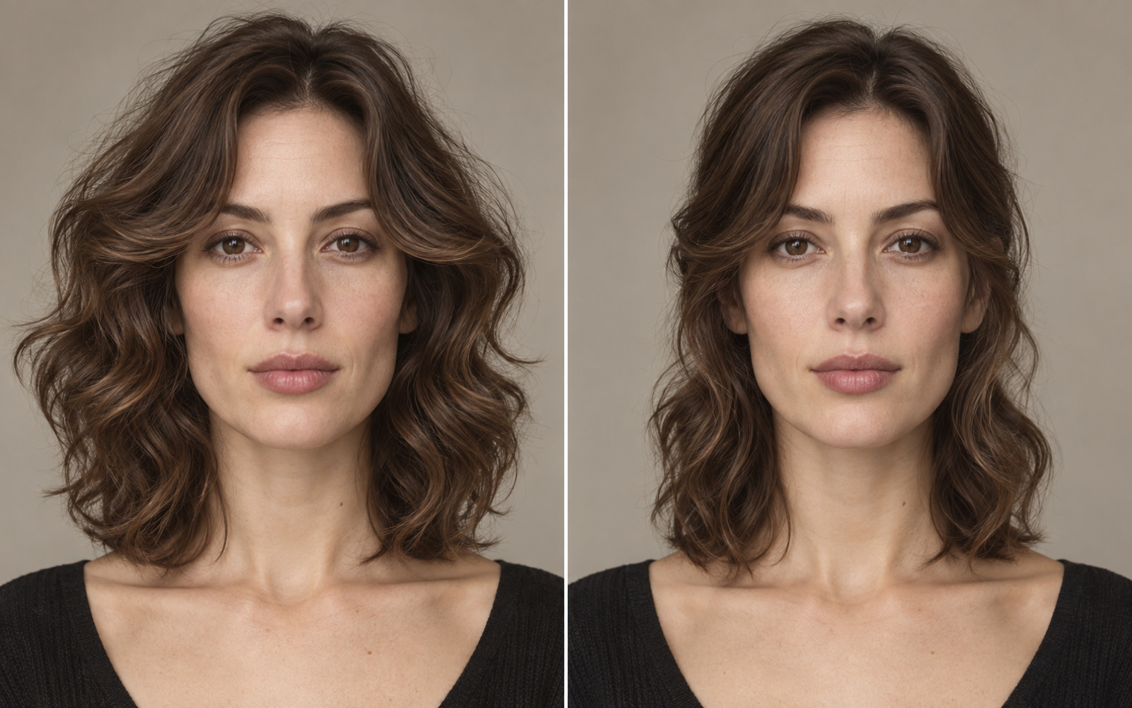 The same illustrated person with shoulder-length waves styled fuller at the sides on the left and closer to the face on the right.