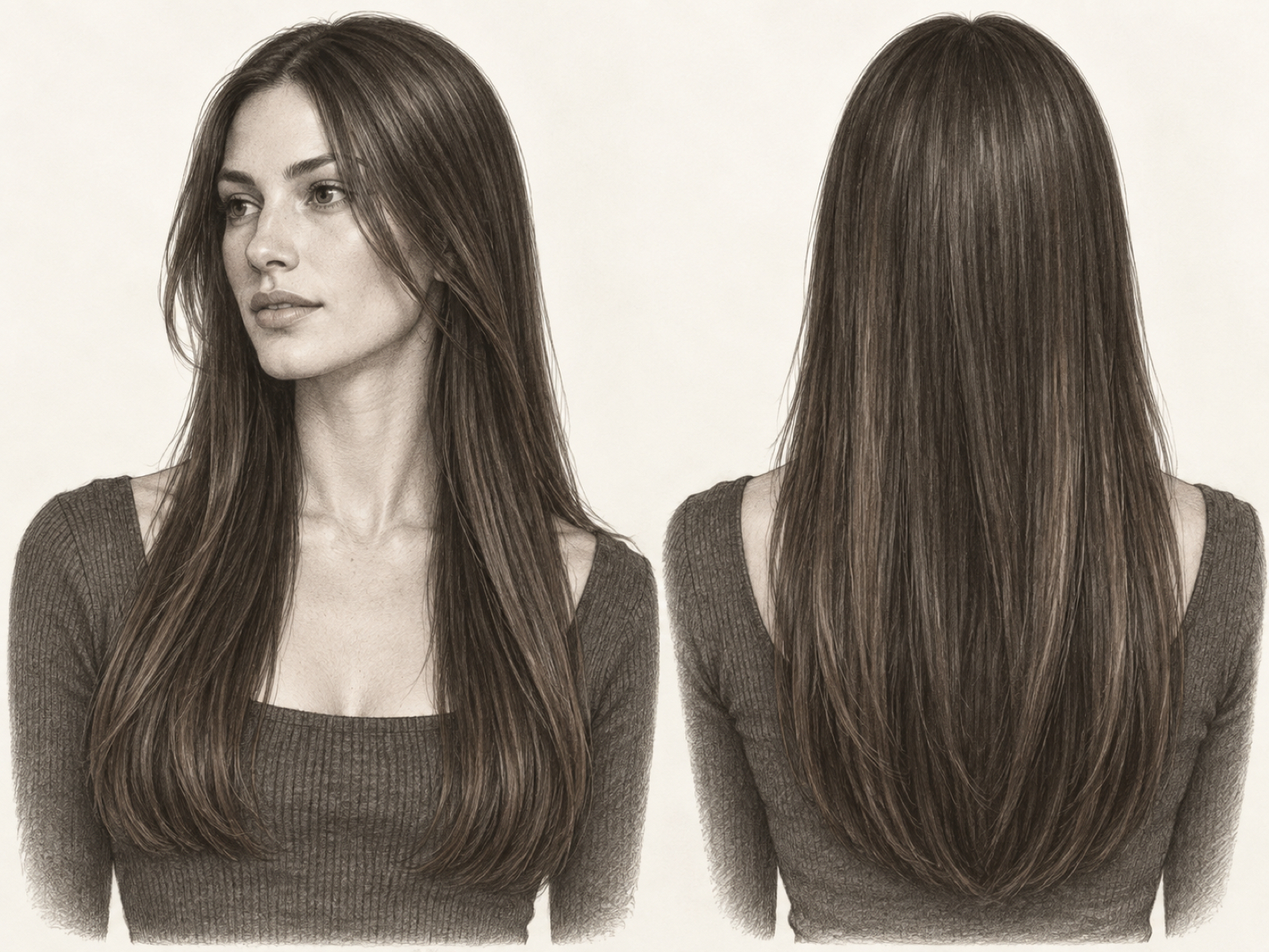Illustrated three-quarter front and rear views of one long straight haircut, with shorter pieces framing the front and a below-shoulder back perimeter.