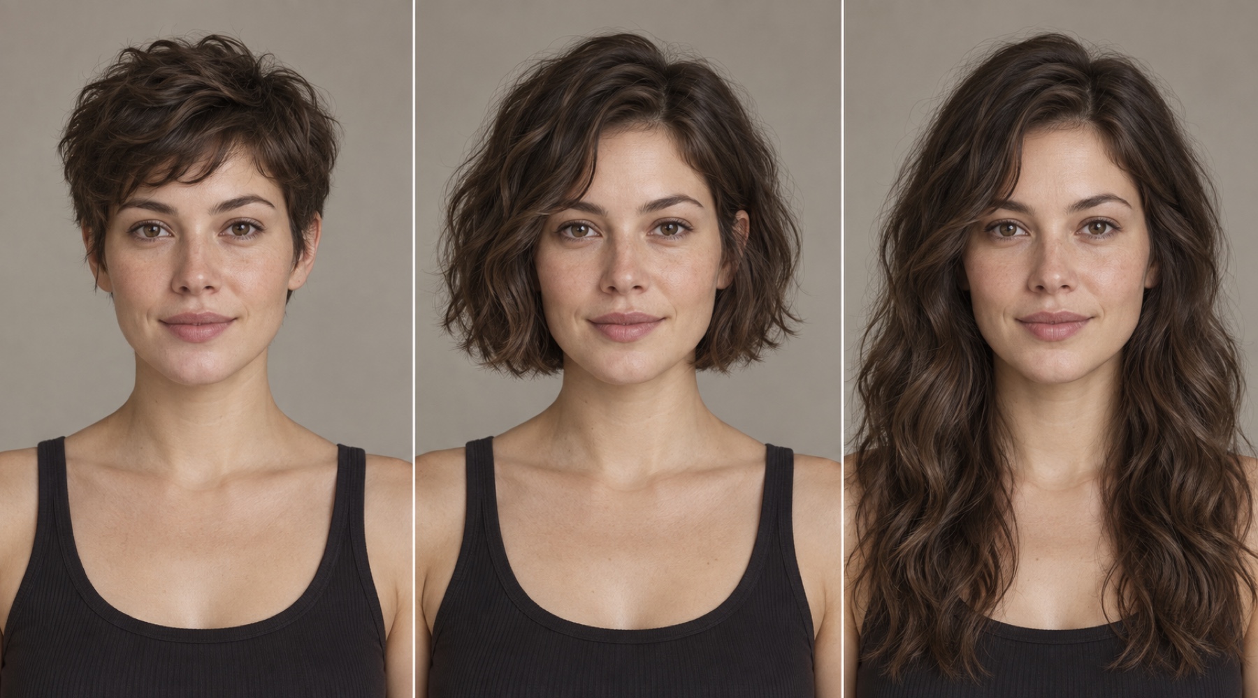 One illustrated person with wavy brown hair shown in three panels: a short crop, a neck-length bob, and long hair below the shoulders.