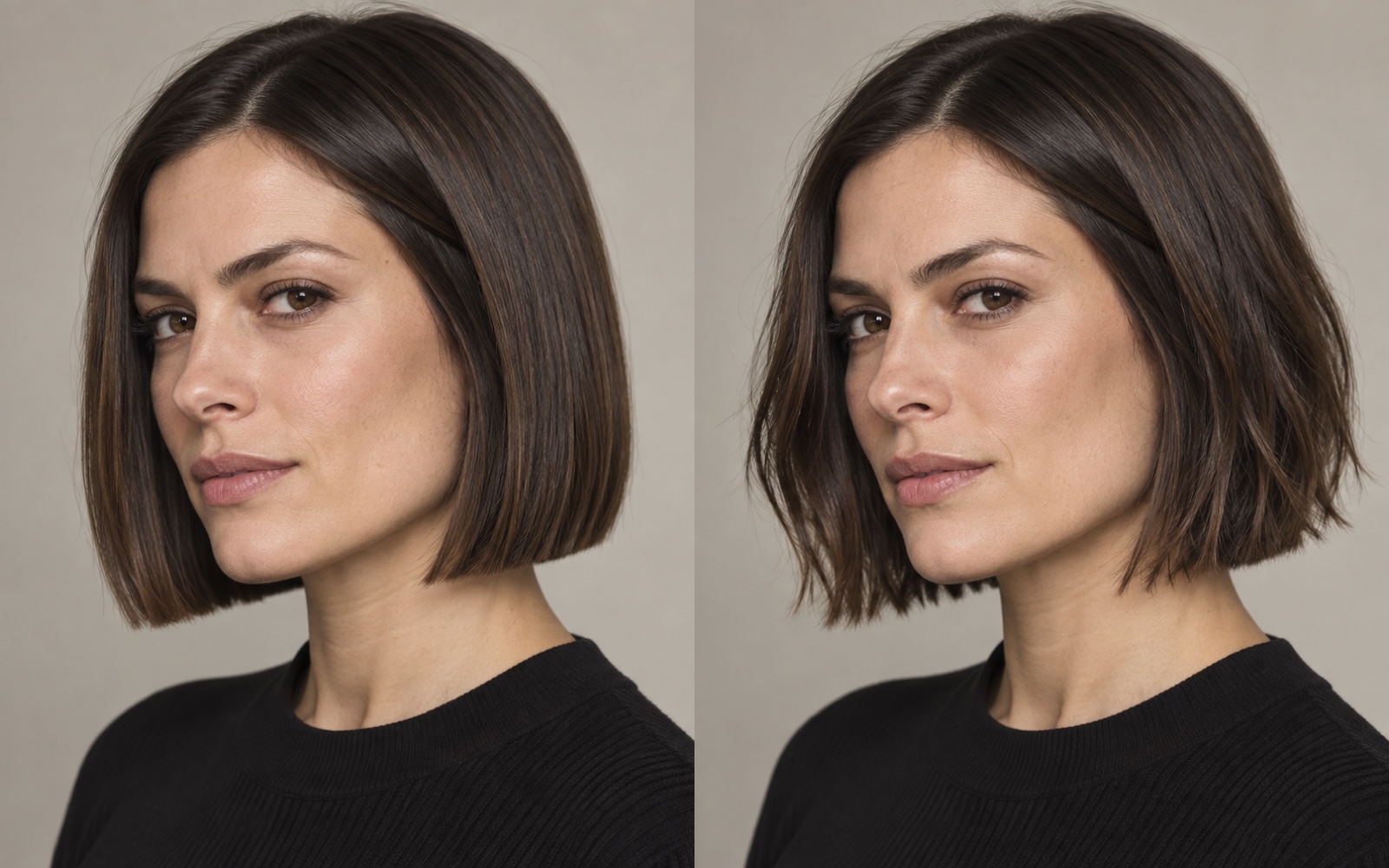 The same illustrated person wears a blunt dark bob on the left and a similarly long bob with separated textured ends on the right.