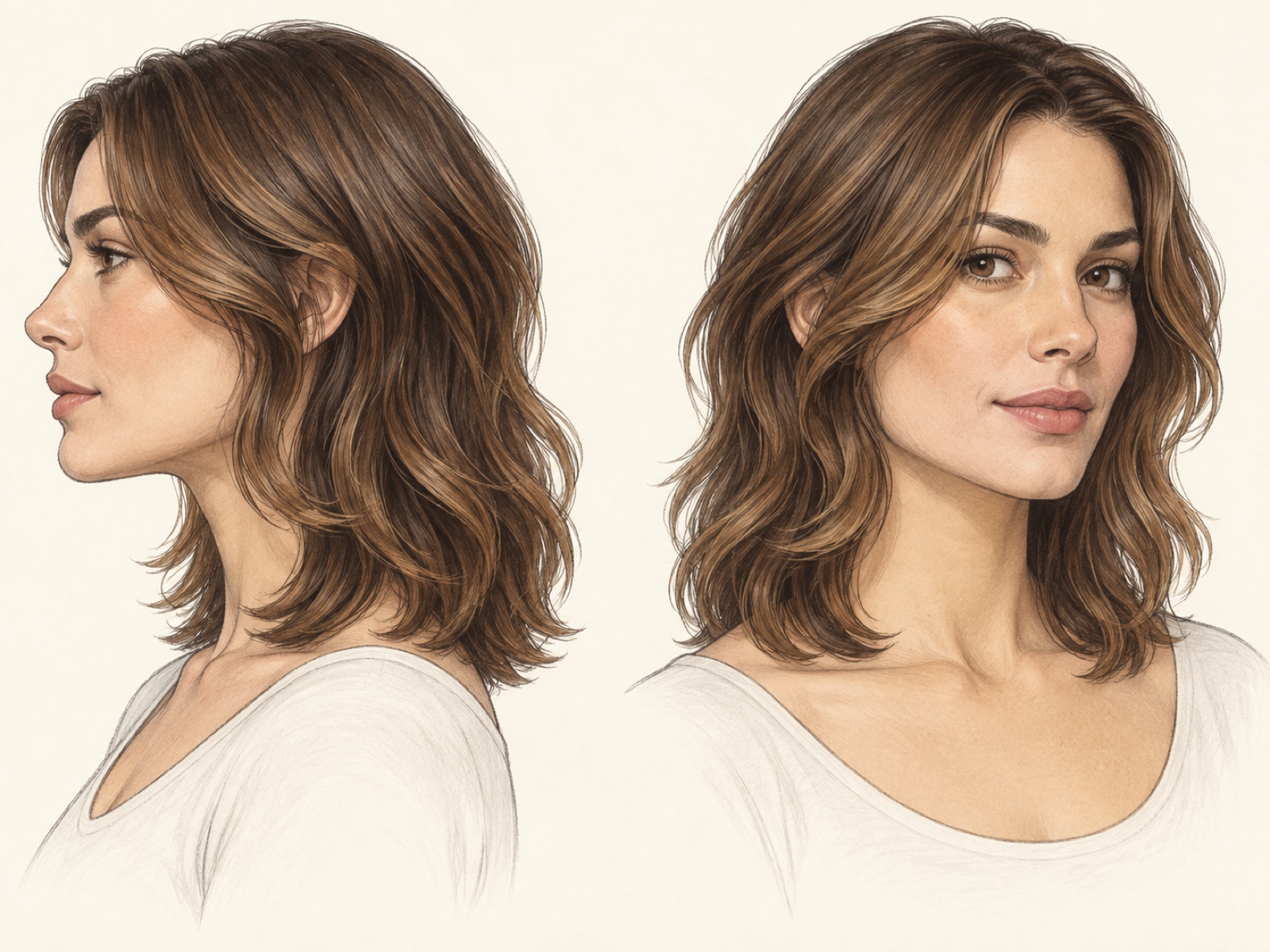Profile and three-quarter illustrations show wavy front layers ending below the jaw and longer hair reaching toward the collarbone.