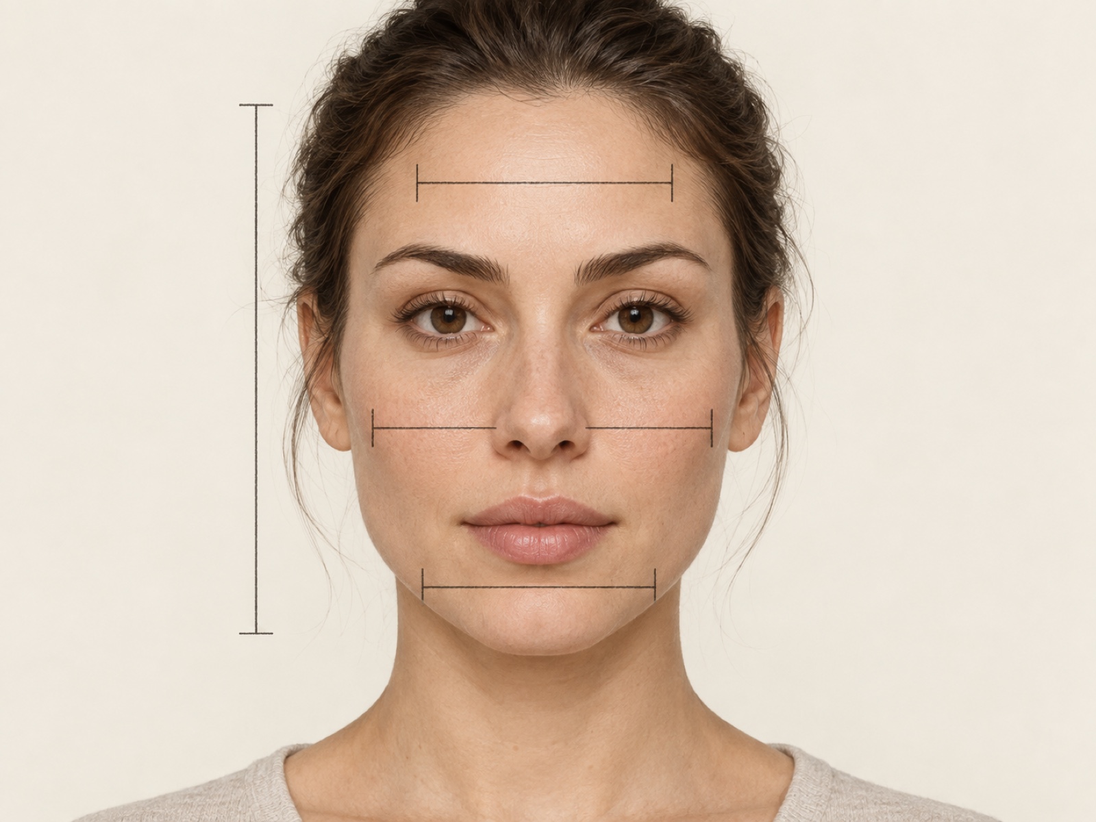 Four charcoal guide marks indicate face length and forehead, cheekbone, and jaw widths on a front-facing illustrated face.