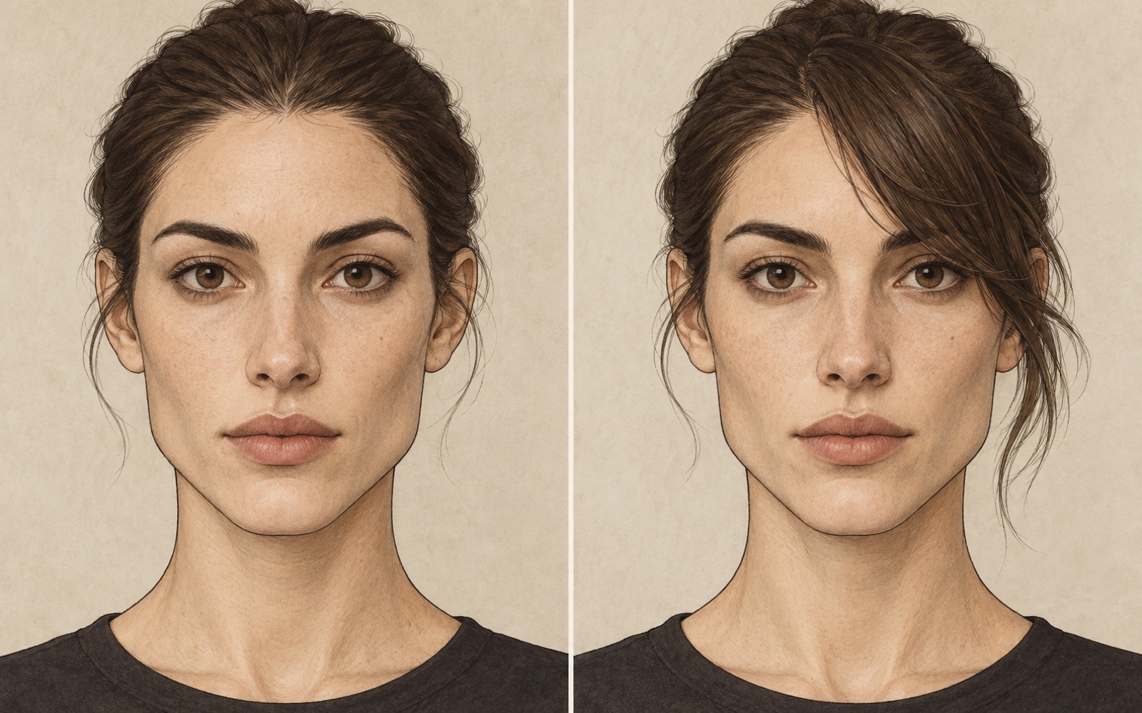Two illustrations of the same face: one has a clear hairline and the other has part of the hairline covered by a side fringe.