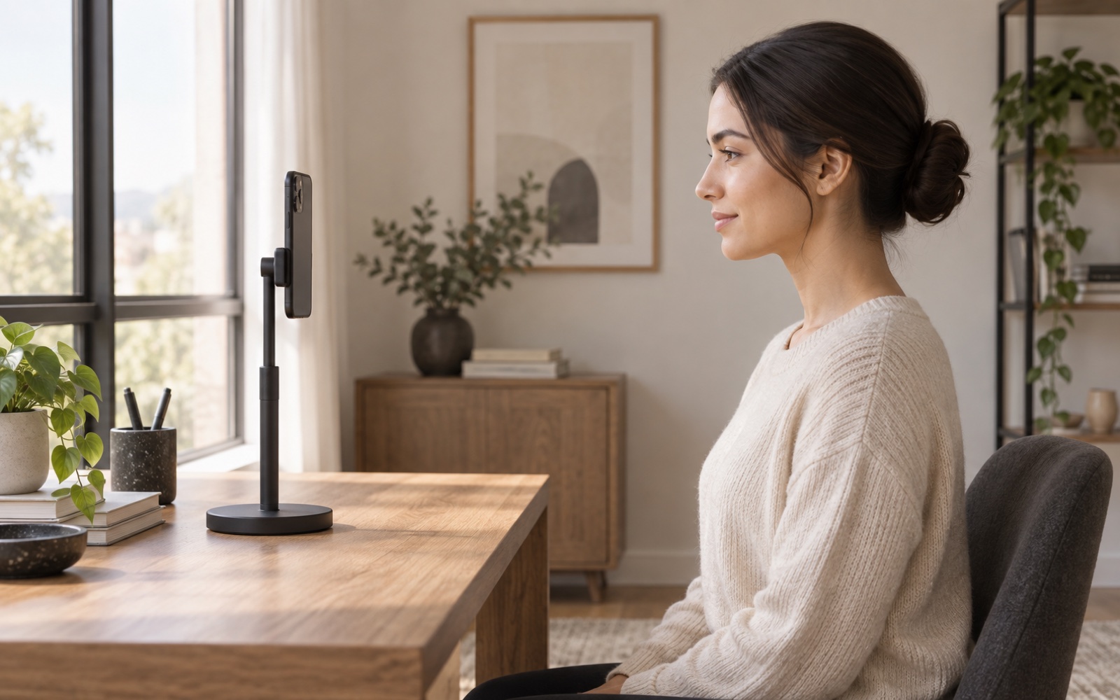 Illustration of a person facing a camera at eye level in even window light.